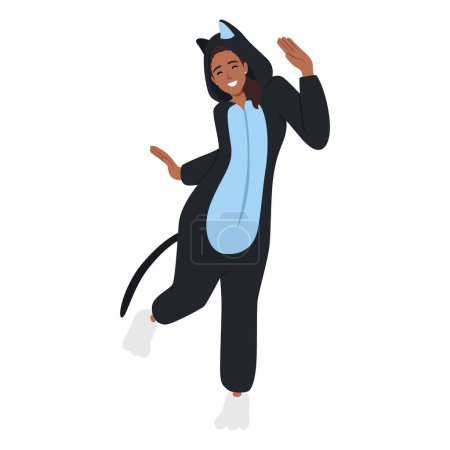 Young female wearing a cat costume. Funny cosplay outfit. Flat vector illustration isolated on white background