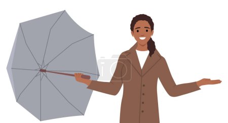 Une femme avec un parapluie ouvert dans ses mains. Illustration vectorielle plate isolée sur fond blanc