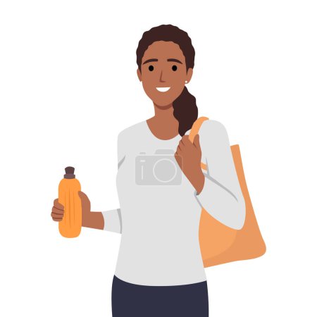 Mujer sosteniendo una botella de agua reutilizable. Ilustración vectorial plana aislada sobre fondo blanco