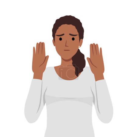 Une jeune femme dit NON avec un geste négatif. Illustration vectorielle plate isolée sur fond blanc