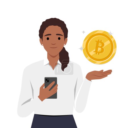 Young business woman holding mobile phone with digital currency. Flat vector illustration isolated on white background