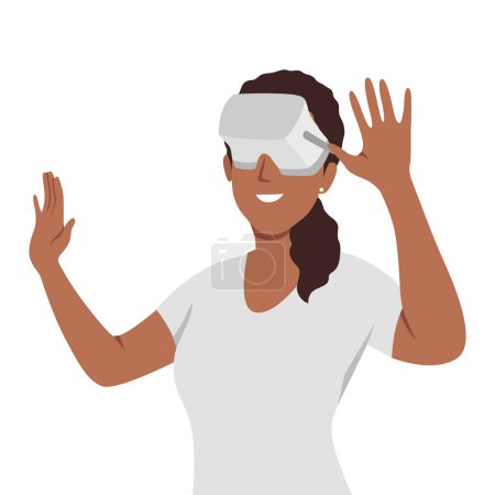 Téléchargez les illustrations : Heureuse femme noire dans les lunettes VR explorer les environs. Une cliente souriante en lunettes de réalité virtuelle s'amuse à profiter des nouvelles technologies modernes. Illustration vectorielle plate isolée sur fond blanc - en licence libre de droit