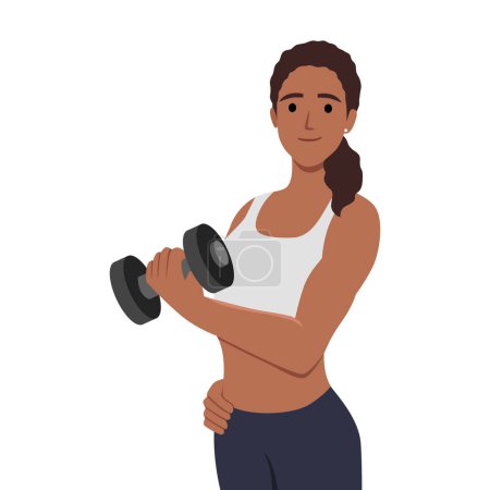 Young woman is doing exercise with dumbbell. Flat vector illustration isolated on white background