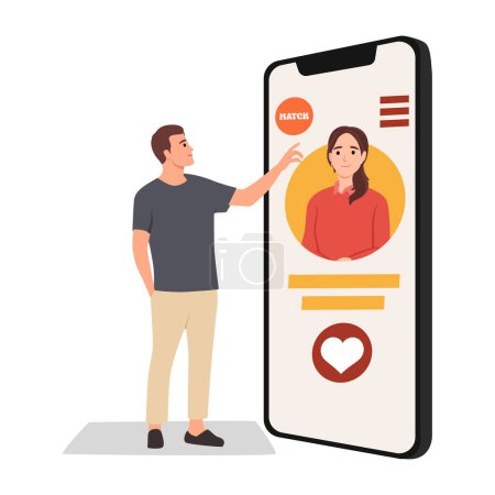 Dating-App Flat Design Konzept, Männlich und Weiblich Senden von Nachrichten mit Smartphone. Flache Vektordarstellung isoliert auf weißem Hintergrund