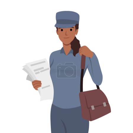 Woman postman delivers newspapers and fresh press with news or letters for residents of city. Flat vector illustration isolated on white background