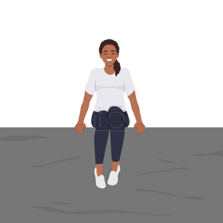 Ilustración de Joven mujer negra sentada sola en una repisa o borde de la pared o acantilado. Ilustración vectorial plana aislada sobre fondo blanco - Imagen libre de derechos
