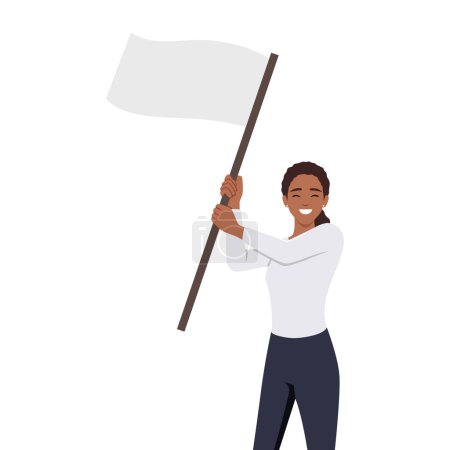 Illustration for Woman with white flag template, advertising concept. Young smiling business woman girl holding white flag. Flat vector illustration isolated on white background - Royalty Free Image