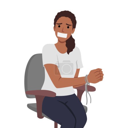Téléchargez les illustrations : Une femme otage les mains liées s'assoit sur la chaise après avoir été kidnappée. Illustration vectorielle plate isolée sur fond blanc - en licence libre de droit