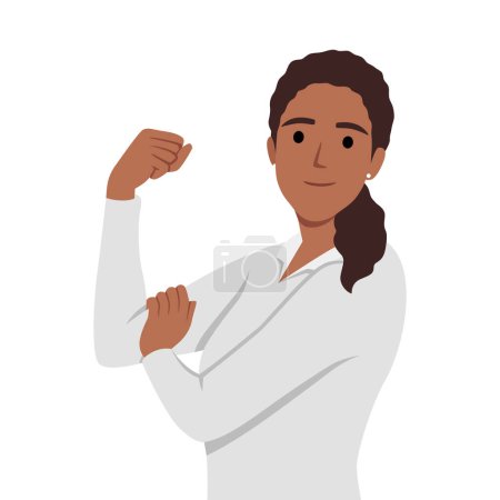 Young woman show muscles feeling powerful and strong. Happy girl demonstrate power and strength. Female leadership and success. Flat vector illustration isolated on white background