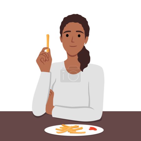 Téléchargez les illustrations : La femme mange des frites sans penser aux risques pour la santé. Illustration vectorielle plate isolée sur fond blanc - en licence libre de droit