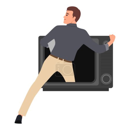Young man step inside retro TV. Flat vector illustration isolated on white background