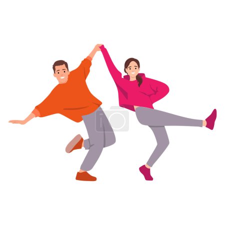 Zwei junge aktive Paare, Jungen und Mädchen, tanzen Contest, Hip-Hop. Flache Vektordarstellung isoliert auf weißem Hintergrund