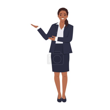 Geschäftsfrau Making Presentation Geste Vector Cartoon Character. Flache Vektordarstellung isoliert auf weißem Hintergrund