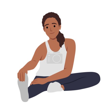 Junge Frau, die zur Abkühlung sitzt, dehnt sich nach dem Sport. Flache Vektordarstellung isoliert auf weißem Hintergrund
