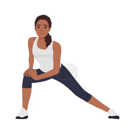 Illustration for Sport woman doing Hip Flexor Stretches to Release Tightness and Gain Flexibility in Your Hips. Flat vector illustration isolated on white background - Royalty Free Image