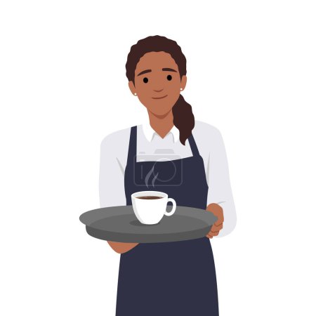 Young waitress holding a tray with two cups of tea or coffee. Flat vector illustration isolated on white background