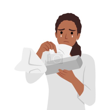Femme noire aux yeux aqueux tenant une boîte de tissu facial. Femme en pleurs coeur brisé. Illustration vectorielle plate isolée sur fond blanc