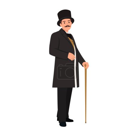 Ilustración de Elegante hombre orgulloso del siglo XIX. El caballero con una levita y un sombrero de copa, sostiene un bastón en la mano. Ilustración vectorial plana aislada sobre fondo blanco - Imagen libre de derechos