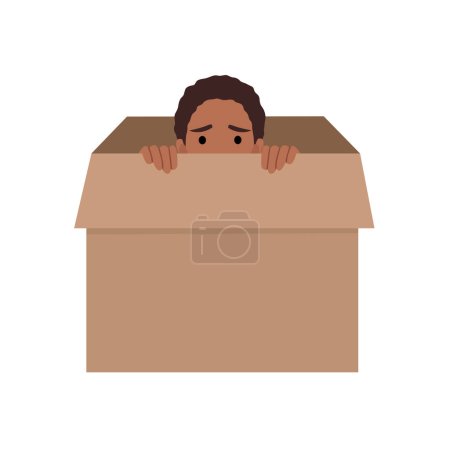Woman hiding in a carton box. Flat vector illustration isolated on white background