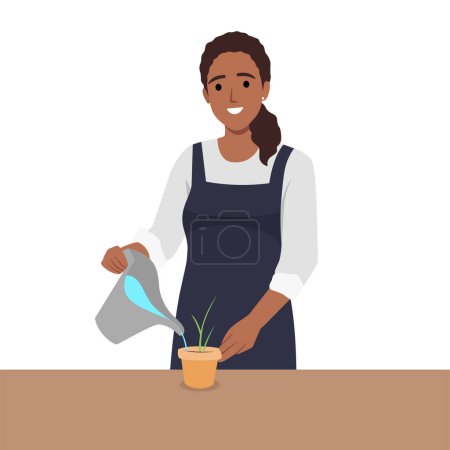 Illustration for Beautiful young happy woman watering plants. Flat vector illustration isolated on white background - Royalty Free Image