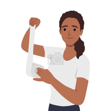 Junge glückliche Frau mit Toilettenpapierrolle. Flache Vektordarstellung isoliert auf weißem Hintergrund