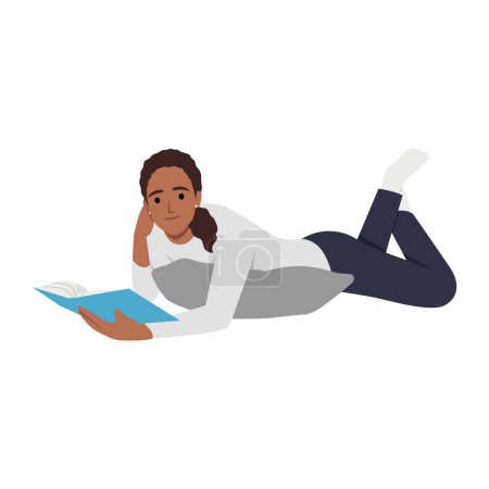 Mujer joven tirada en el suelo y leyendo un libro. Ilustración vectorial plana aislada sobre fondo blanco