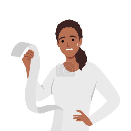 Financial theme with weary and shocked woman holding perusing the very long bill. Flat vector illustration isolated on white background