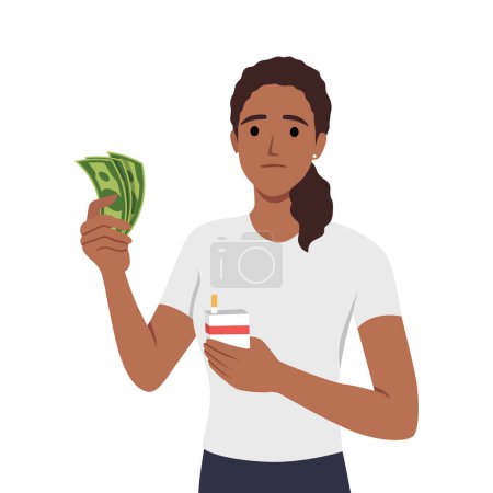 Woman holding cigarette box and money on other hand. Thinking how much money she spent over unhealthy cigarette. Stop smoking. Flat vector illustration isolated on white background