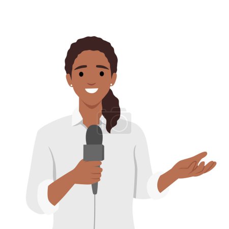 Illustration for Journalist black woman. Beautiful lady reporter holding microphone. Flat vector illustration isolated on white background - Royalty Free Image