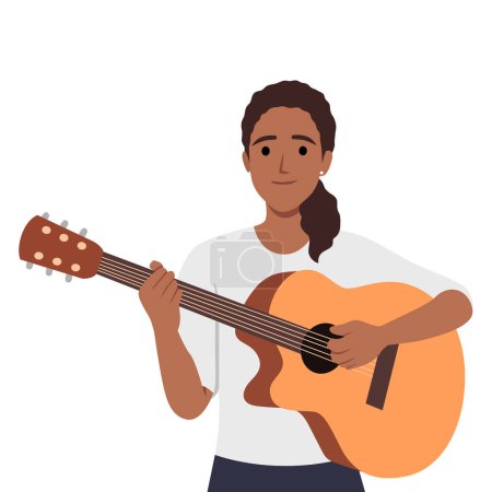 Mujer joven tocando la guitarra acústica. Ilustración vectorial plana aislada sobre fondo blanco