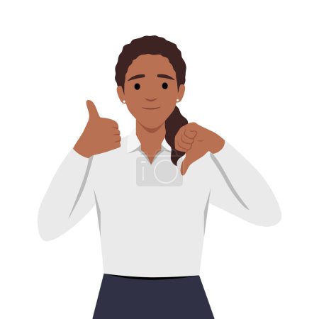 Young black woman showing thumbs up and thumbs down, difficult choose. Flat vector illustration isolated on white background