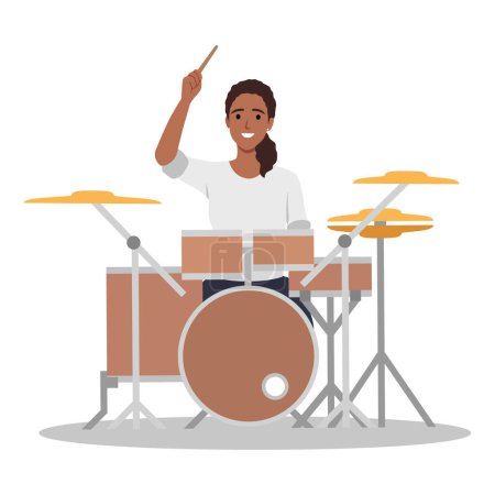 Drummer musician playing modern music at drum kit. Girl player, solo performer with drumsticks performing on percussion instrument with cymbals. Flat vector illustration isolated on white background