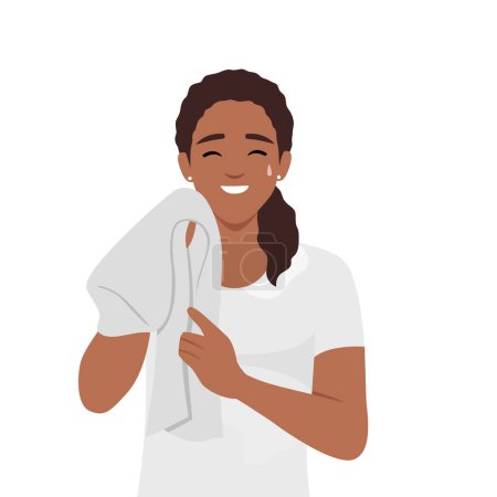 Young black woman tired resting after workout towel in her neck. Flat vector illustration isolated on white background