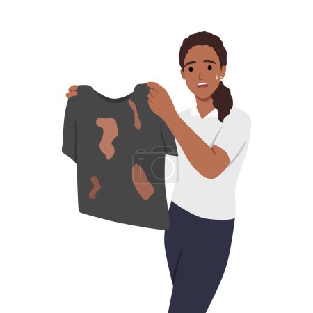 Disgusted young woman with smelly worn clothes. Flat vector illustration isolated on white background