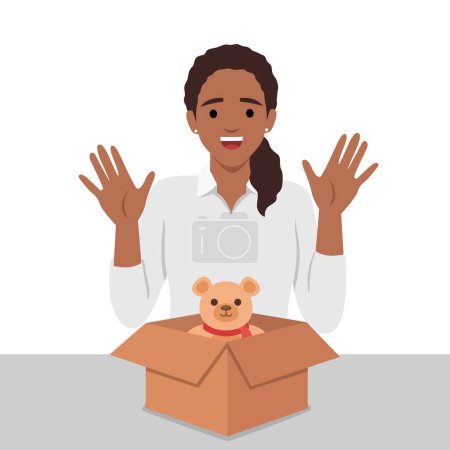 Jeune femme unboxing ours cadeau en peluche. Illustration vectorielle plate isolée sur fond blanc