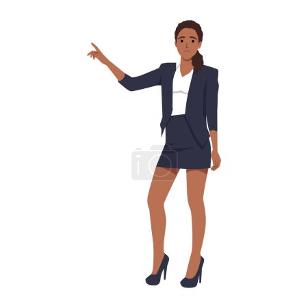 Woman is pointing at something. Flat vector illustration isolated on white background