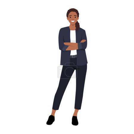 Illustration for Young positive black gorgeous woman standing crossed arms. Flat vector illustration isolated on white background - Royalty Free Image