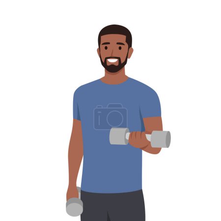 Young black man workout using dumbbells doing bicep curl concept. Flat vector illustration isolated on white background