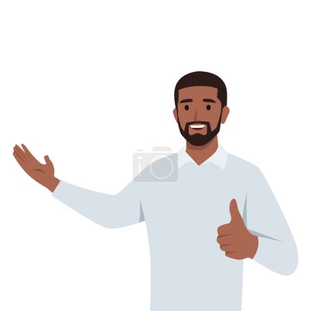 Young black man presenting and showing thumbs up OK sign. Flat vector illustration isolated on white background