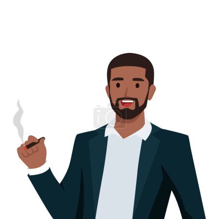 Junger schwarzer Mann raucht eine Zigarette. Tabakabhängigkeit. Das Konzept eines ungesunden Lebensstils. Flache Vektordarstellung isoliert auf weißem Hintergrund