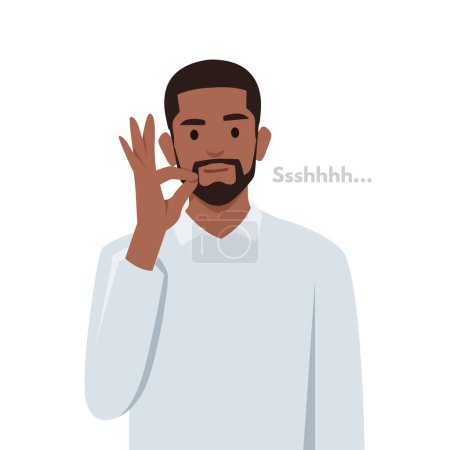 Illustration for Young black man making a shushing gesture raising his finger to his lips. Flat vector illustration isolated on white background - Royalty Free Image