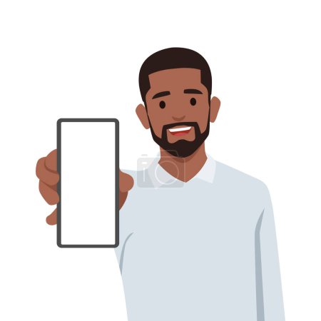 Téléchargez les illustrations : Jeune homme noir montrant smartphone ou homme tenant smartphone en gros plan. Illustration vectorielle plate isolée sur fond blanc - en licence libre de droit