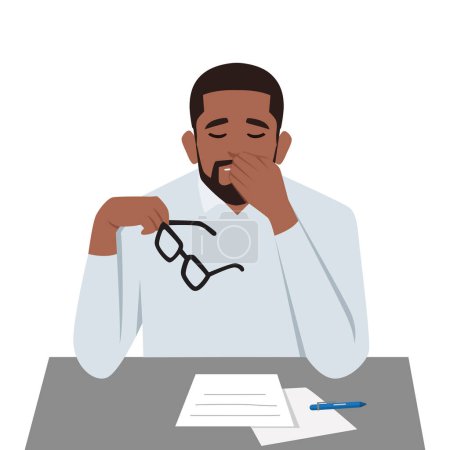Illustration for Black man feel stress in office. Headache while working with documents. Flat vector illustration isolated on white background - Royalty Free Image