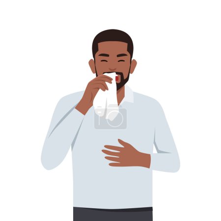 Hombre joven tosiendo Bronquitis, resfriado común o virus, fiebre gripal o infección por enfermedades estacionales. Ilustración vectorial plana aislada sobre fondo blanco