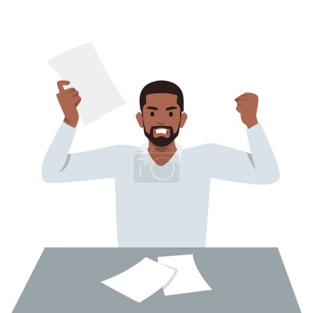 Illustration for Young man angry. Workplace character scatter papers in office. Emotional burnout and low battery. Flat vector illustration isolated on white background - Royalty Free Image