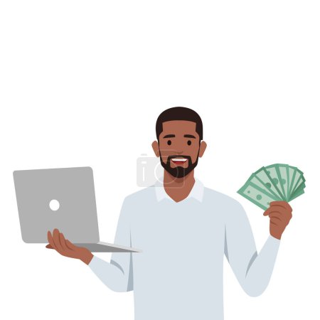 Young man making money in internet. Winning plenty of money in social media on laptop. Holding cash. Flat vector illustration isolated on white background