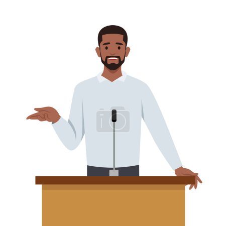 Ilustración de Joven empresario negro o político hablando en el podio. Ilustración vectorial plana aislada sobre fondo blanco - Imagen libre de derechos