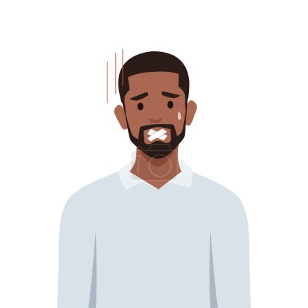 Young black man with scotch tape on mouth prohibited to talk speak. Flat vector illustration isolated on white background