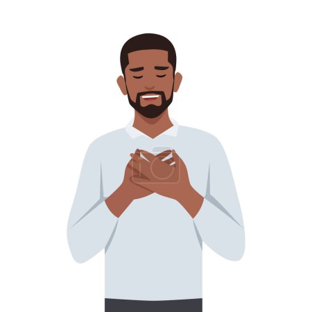 Illustration for Young black man touched positive. Holds his hands on his chest, expressing gratitude. Flat vector illustration isolated on white background - Royalty Free Image