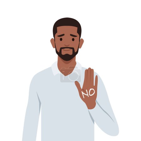 Illustration for Young black man politely refuses the offer No, thank you. Flat vector illustration isolated on white background - Royalty Free Image